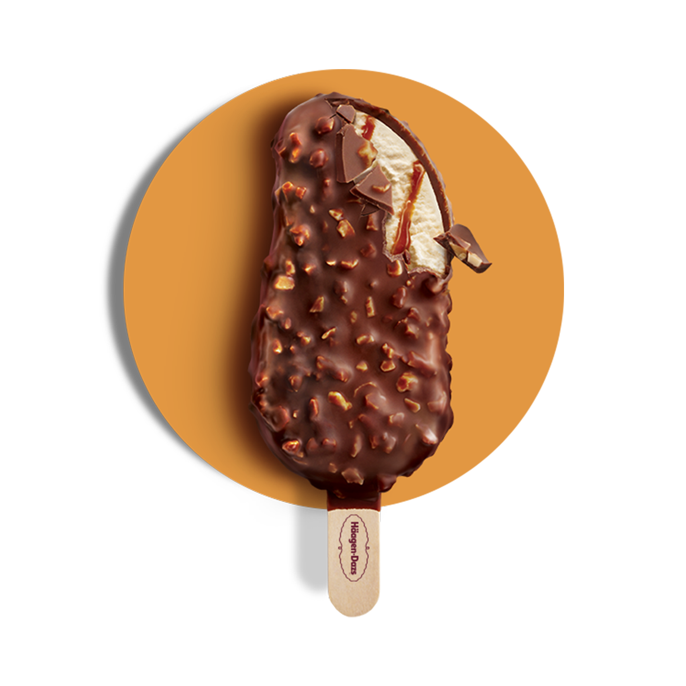 Haagen Dazs vanilla caramel almond stickbar with a bite taken out